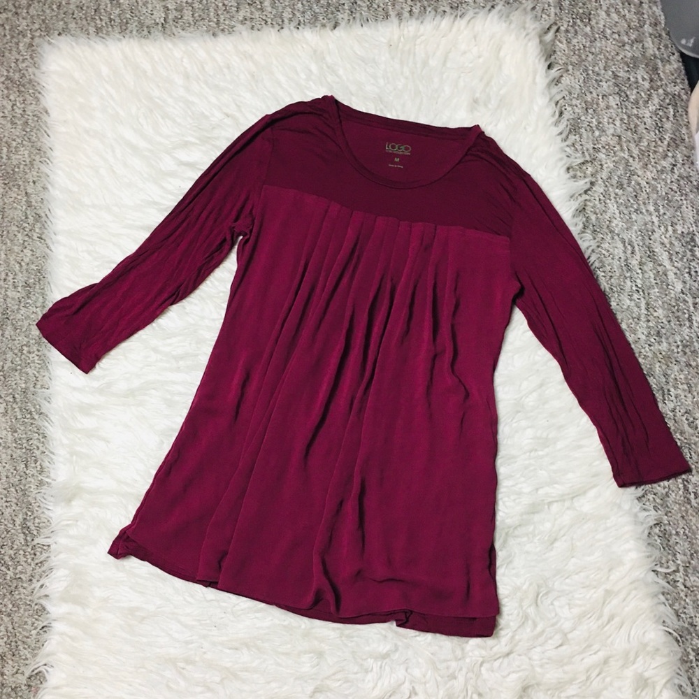 LOGO Lori Goldstein Purple Pleated Tunic Top Long Sleeve Size Medium